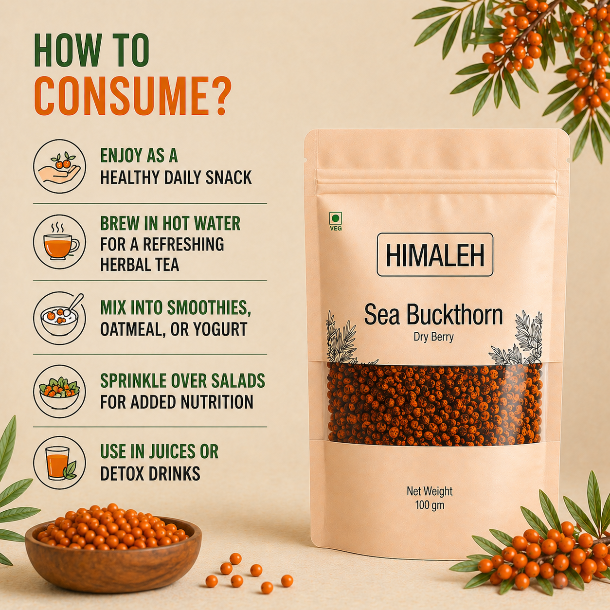 Himaleh Sea Buckthorn Berry Dry (100 GM)